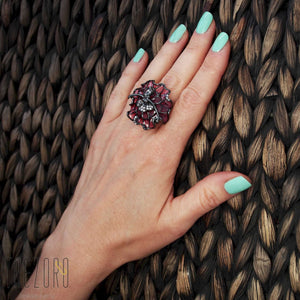 Ballerina oxidised Sterling Silver Ring with Enamel Inserts and Cubic Zirconia by Gigi Cheng worn on a hand.