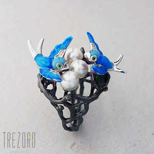 Birds. Oxidised Sterling Silver Ring with Enamel Inserts and Cubic Zirconia by Gigi Cheng. Features natural pearls.