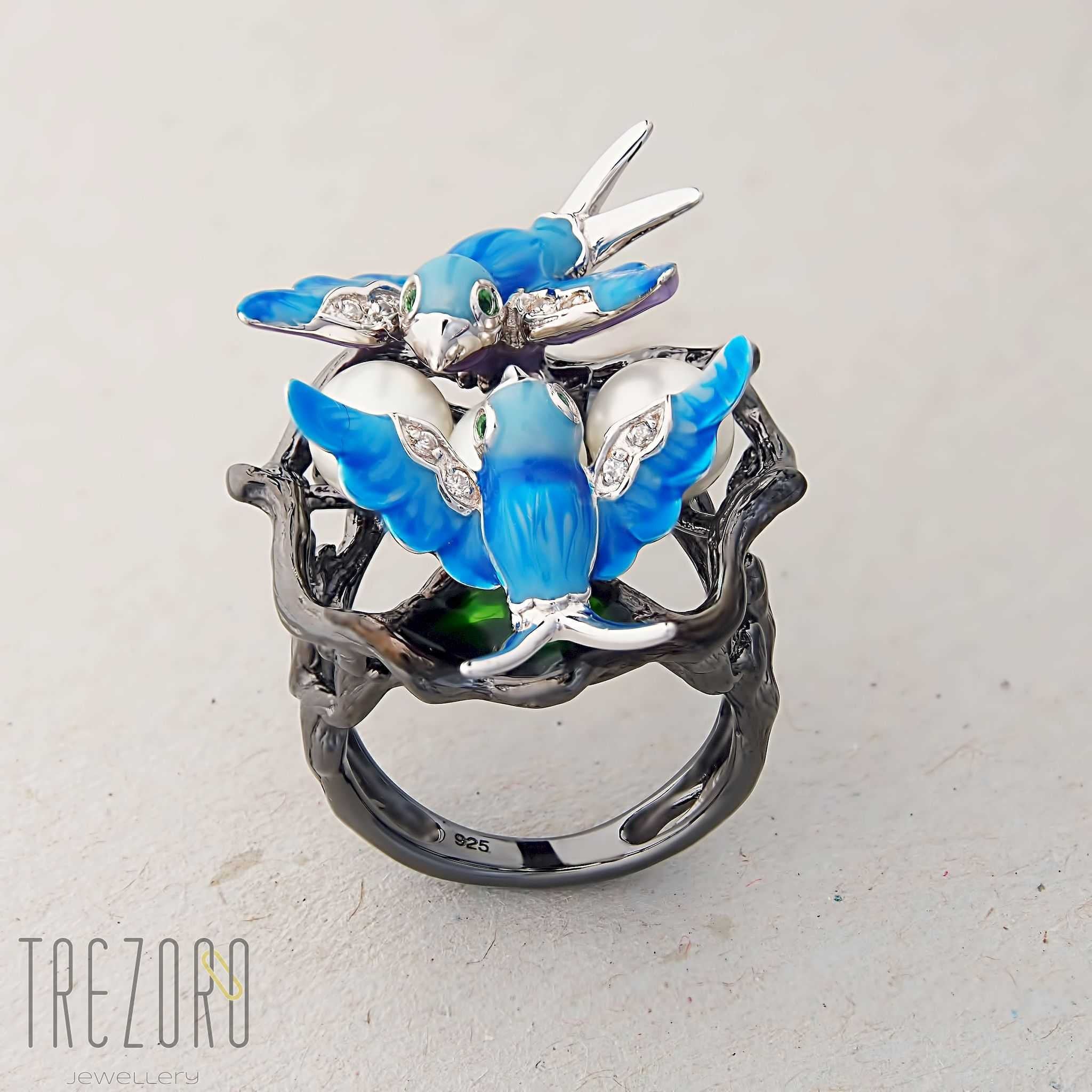 Birds. Oxidised Sterling Silver Ring with Enamel Inserts and Cubic Zirconia by Gigi Cheng. Features natural pearl. Photo 4