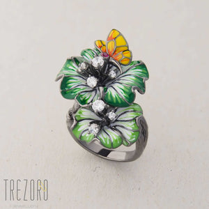 Blossoms Ring. Oxidised sterling silver with enamel inserts and Cubic Zirconia.