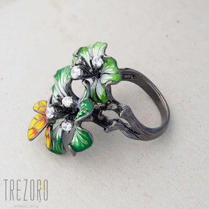 Blossoms Ring. Oxidised sterling silver with enamel inserts and Cubic Zirconia. Photo 2.