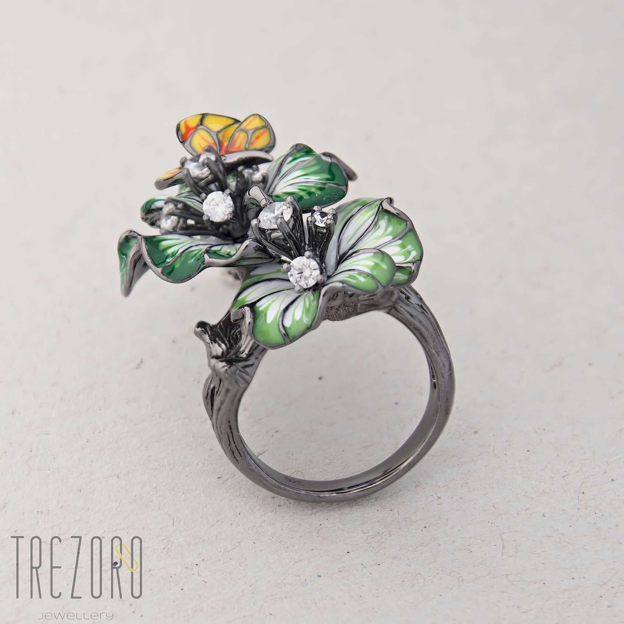 Blossoms Ring. Oxidised sterling silver with enamel inserts and Cubic Zirconia. Photo 3.