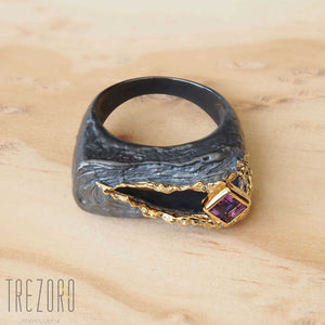 Amazing Surprise Ring. Oxidised and  Gold Plated Sterling Silver wih natural Amethyst. On wood 2.