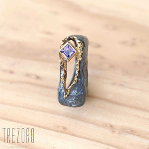 Amazing Surprise Ring. Oxidised and  Gold Plated Sterling Silver wih natural Amethyst. On wood 3.