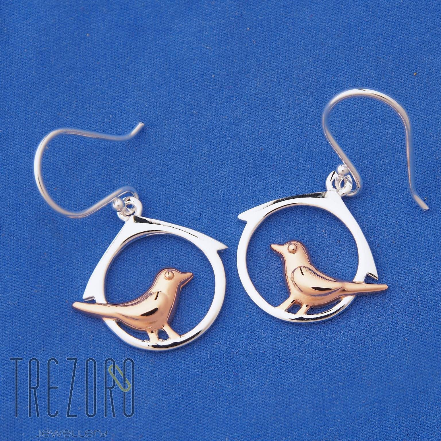 Birds in a House Earrings Sterling Silver Pink Gold Plated on blue